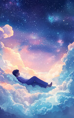 Cloud Dreamer's Fantasy: A young person floats among celestial clouds, under a starlit sky, drifting dreamily in a vibrant, artistic illustration. 