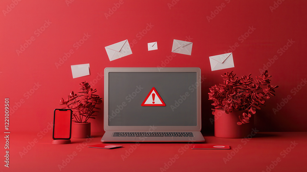 Poster silver gray laptop displays warning symbol on bright red background, surrounded by envelopes and potted plants, creating striking visual of digital communication