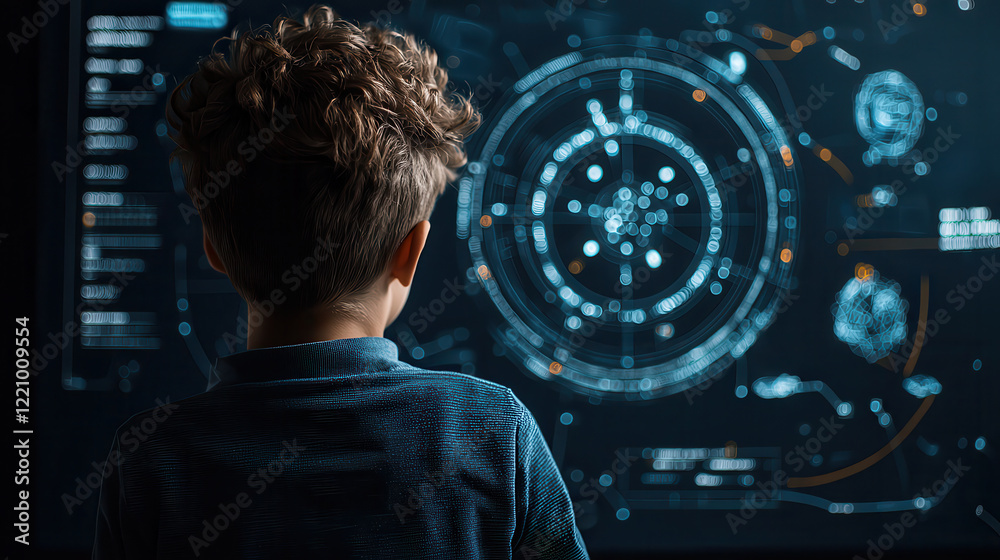 Leinwandbilder child observes futuristic digital interface, showcasing interactive data and graphics. scene conveys curiosity and wonder in high tech learning environment