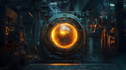 Glowing Metal Being Shaped Under Mechanical Equipment in Industrial Workshop Setting