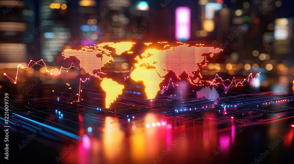 Poster 3D world map displaying real time global economic trends with vibrant colors and digital elements, set against city skyline backdrop