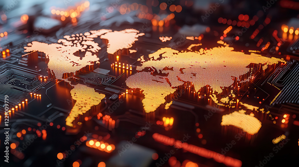 Poster 3d world map illuminated with glowing orange lights, showcasing global economic trends on digital ci