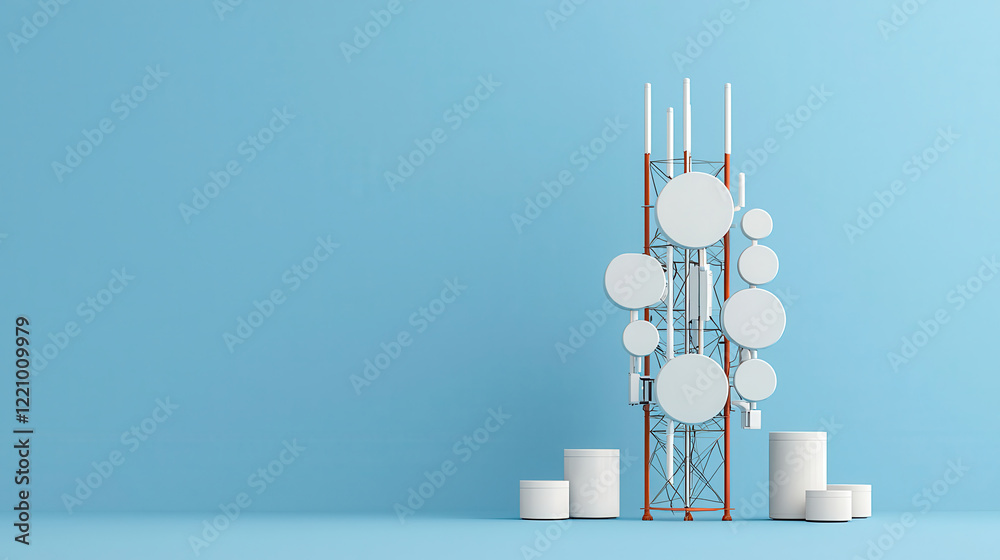 Poster 5g network tower in urban setting, showcasing high speed connectivity with circular antennas and cyl