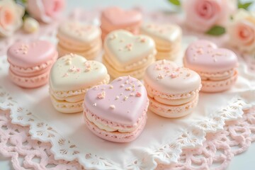 A romantic display of pastel macarons in pink, blue, and white, elegantly scattered on a lace doily with rose petals and a heart macaron