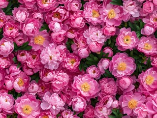 Obraz premium A Seamless Pattern of Pink Peony Flowers with Yellow/Orange Centers and Dark Green Leaves 