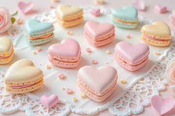 Fototapeta premium A charming arrangement of pastel-hued macarons on a lace doily, highlighted by pink, blue, and white colors with a heart-shaped macaron