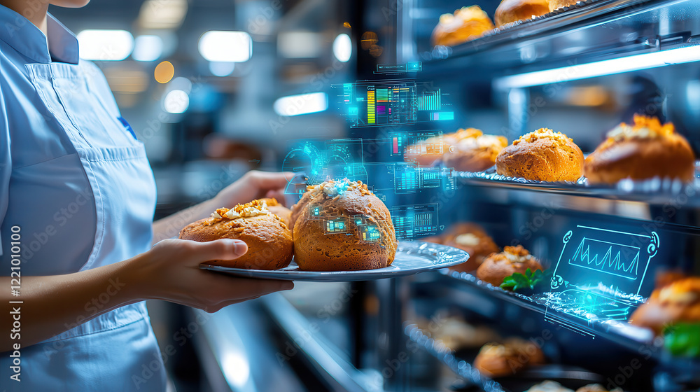 Aufkleber bakery employee uses smart appliances to optimize baking processes, showcasing modern technology in 