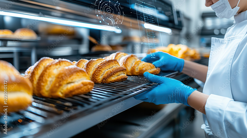 Poster baker in modern bakery uses smart appliances to optimize baking processes, showcasing freshly baked 