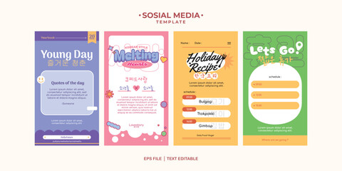 korea cute colorful post and story social media template with hangeul text meaning young day, love, korean cuisine, and short holiday.