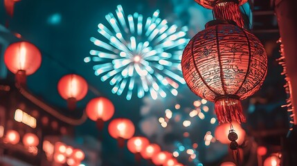 Obraz premium Mesmerizing Geometric Fireworks Display Against a Backdrop of Glowing Lanterns