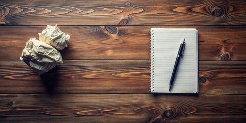 Overcoming Writer's Block  A Blank Notebook, Pen, and Crumpled Paper on a Rustic Wooden Surface