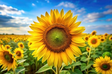 Obraz premium A majestic sunflower standing tall with its large yellow petals, sunflower, flower, yellow petals, field flowers, botanical