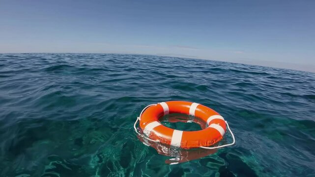 An orange lifebuoy floats peacefully on the serene blue water, reflecting the clear sky overhead.