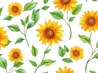 Scattered Yellow/Orange Sunflower Flowers of Varying Sizes with Green Leaves and Stems on a Clean White Background
