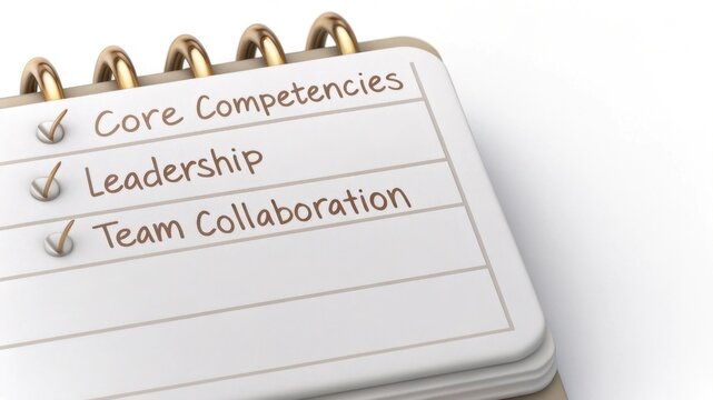 A notepad displays checked items: Core Competencies, Leadership, and Team Collaboration, highlighting essential business skills.