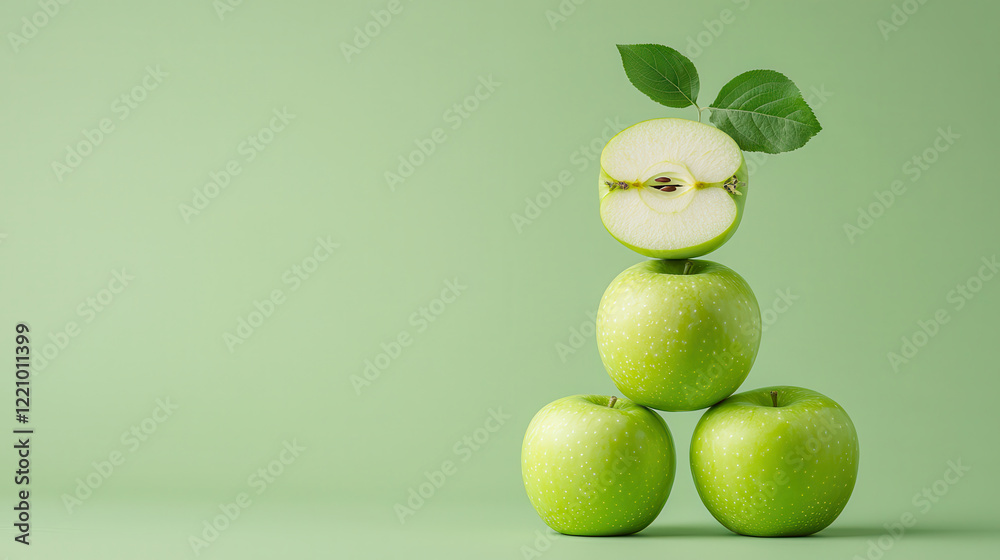 Poster fresh green apples stacked with sliced apple on top, showcasing vibrant colors and minimalist design