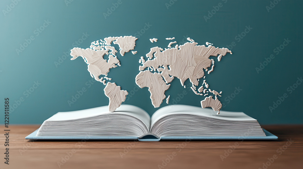 Poster beautifully crafted 3D rendering of world map emerging from open book, symbolizing knowledge and exploration. design evokes sense of adventure and learning