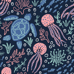 Sea turtle with jellyfish, corals and underwater plants seamless pattern. Beach, vacation, tropical background. Fun bold sea world repeat pattern.
