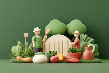 A colorful, playful scene depicting two gardeners with vegetables, greenery, and gardening tools against a vibrant green background.