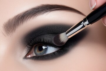 Close-up of a dramatic smokey eye makeup application using a precision makeup brush.
