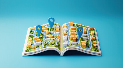 3D folded map displaying vibrant city layout with location markers, set against bright blue background. This captures essence of navigation and urban exploration