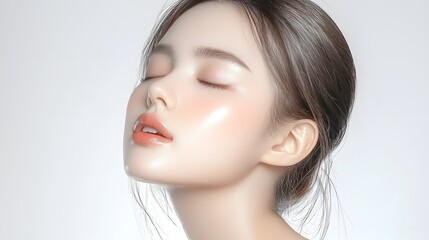 Naklejka premium Captivating Portrait of a Flawless Glowing Woman with Healthy Moisturized Skin The image showcases a serene and enchanting female face with a natural luminous glow