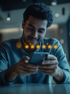 A person using smartphone with glowing five-star rating system, representing customer feedback and digital review 6