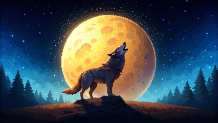 Naklejka premium Pixel Art Wolf Howling at Moon: 8-bit Night Scene Architectural Photography