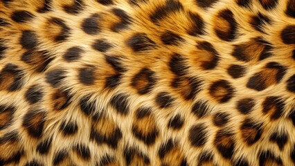 Close-up view of a luxurious, textured feline pelt featuring a striking pattern of dark spots on a rich, golden background