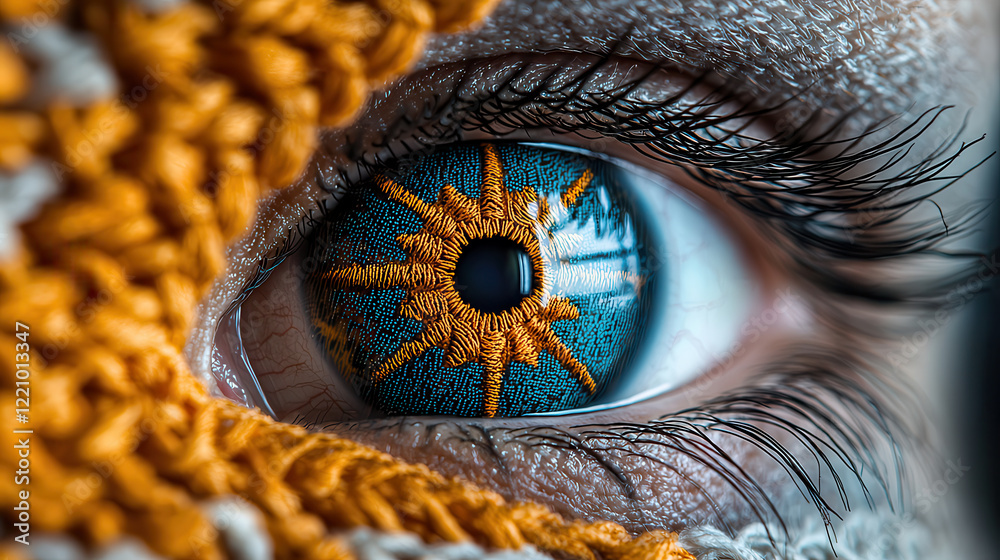 Poster captivating close up of eye featuring intricate patterns resembling electric circuit, showcasing vibrant colors and detailed textures. eye unique design evokes curiosity and wonder