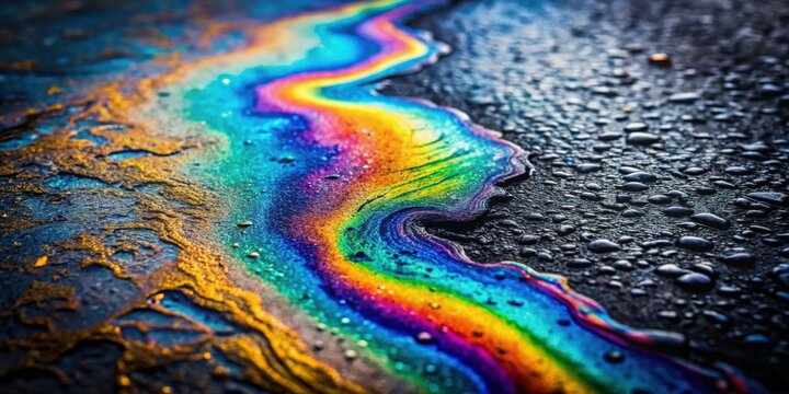 Abstract iridescent oil slick pattern on dark surface with water droplets