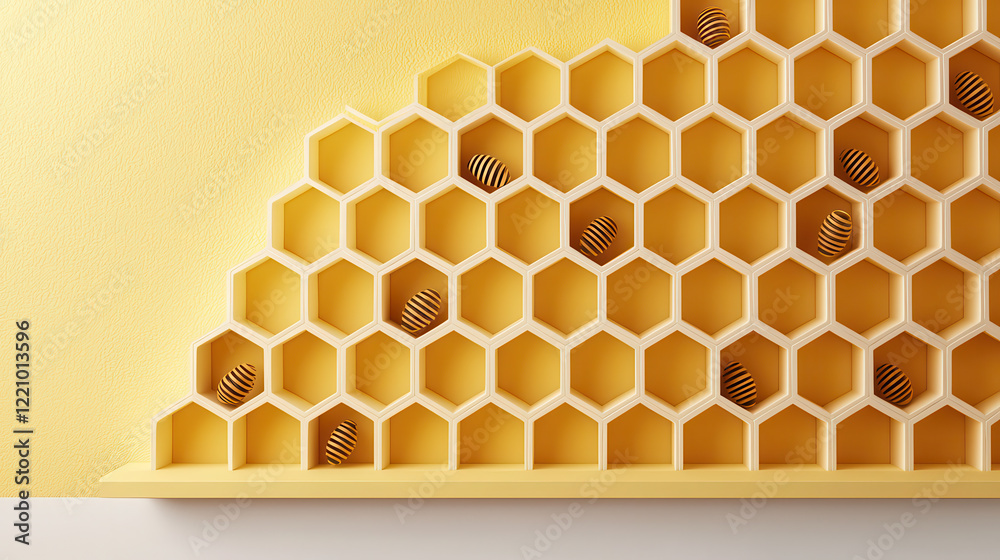 Poster charming 3d scene showcasing honeycomb shaped display with wooden elements and decorative items. war