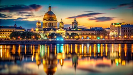 Fototapeta premium St. Isaac's Cathedral, Neva River, St Petersburg, Russia - Breathtaking Bokeh Night Photography