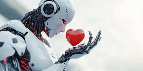 AI robot with red heart, feelings of robots