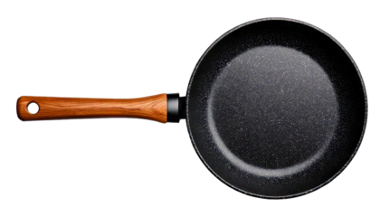black pan with wood handle isolated on white or transparent