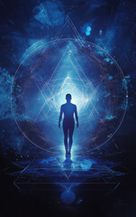 Mystical Journey: A lone figure walks toward a radiant light within a geometric design. evoking a sense of exploration, enlightenment, and spiritual awakening.