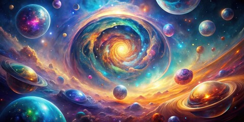 A Vibrant Cosmic Tapestry of Celestial Bodies and Glowing Nebulae, Swirling in a Symphony of Color and Light