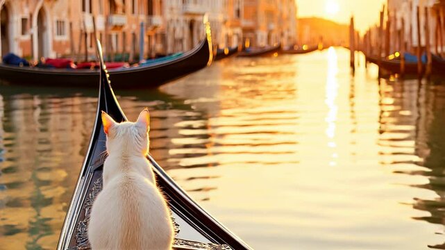 White cat enjoying sunset gondola ride in Venice canals, perfect for travel inspiration, tourism promotion and romantic vacation content, horizontal video