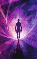 Obraz premium Illuminated Path: A silhouette of a person confidently strides toward an abstract, glowing, tunnel of light, symbolizing journey.