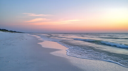 calm white sand beach with gentle waves, soft pastel sky at sunset