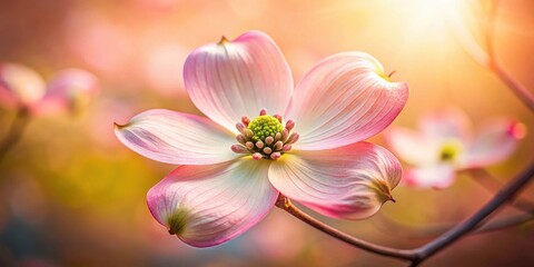 Naklejka premium A delicate pink flower blossoms in the warm sunlight, showcasing its intricate details and vibrant hues, a symbol of springtime's gentle arrival.