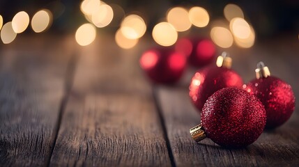 Fototapeta premium Glittering Red Heart Ornaments on Wooden Table with Warm Blurred Bokeh Lights in Background