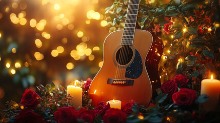 Naklejka premium Acoustic guitar with glowing candles and roses in a romantic evening setting