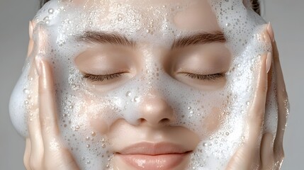 Detailed view of a facial foam cleansing process emphasizing the soft airy bubbles and the thorough skincare routine for deep pore cleansing to achieve a glowing radiant and youthful complexion