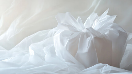 Artistic composition of white gift bags, simple textures and elegant folds, soft pastel hues in the background