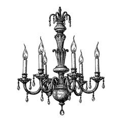Elegant Chandelier with Candles Antique Style Detailed Black and White Outline Line Art Drawing