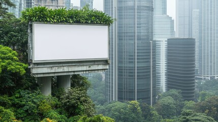 Obraz premium Blank Billboard Overgrown With Plants Amidst City Skyscrapers