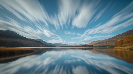 Obraz premium Serene Mountain Lake Reflecting Streaking Cloudscape