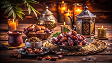 Ramadan Kareem: Delicious Dates & Arabic Coffee, Festive Iftar Meal, Editable Text Overlay