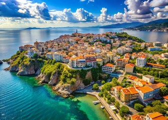 Fototapeta premium Stunning Aerial View of Kavala, Greece: Coastal Cityscape, Aegean Sea Panorama